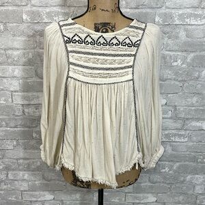 Free People Cream and Black Embroidered Top
